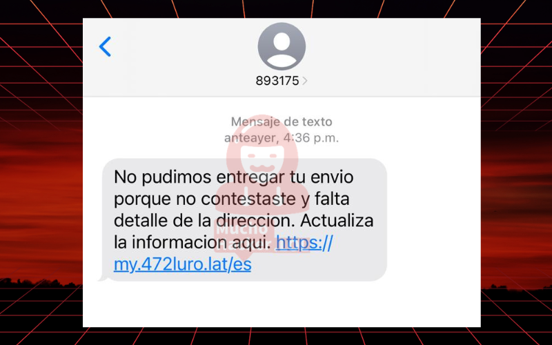 Pantalla con mensaje de texto fraudulento de 4-72 y enlace falso