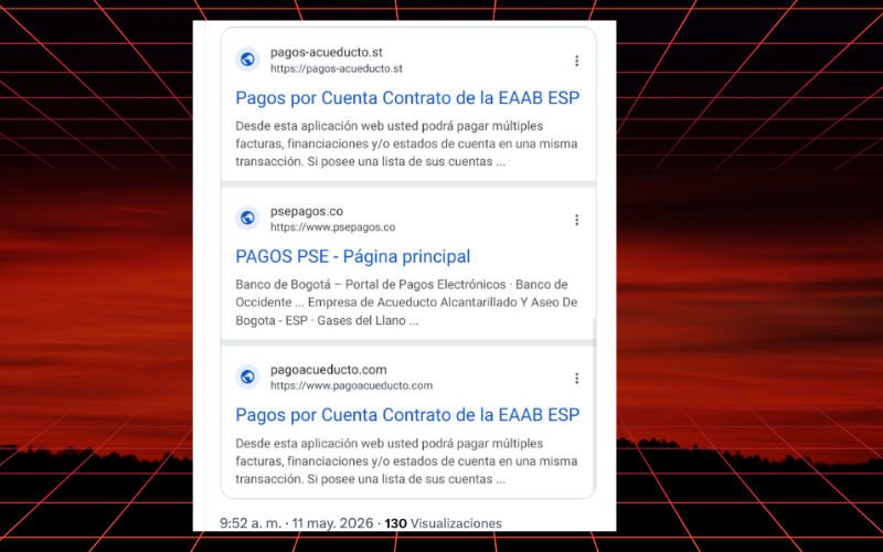 Captura de portales falsos del Acueducto de Bogotá EAAB apareciendo en resultados de búsqueda de Google