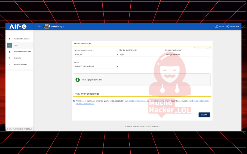 Portal falso de pagos AIR-E — formulario de datos