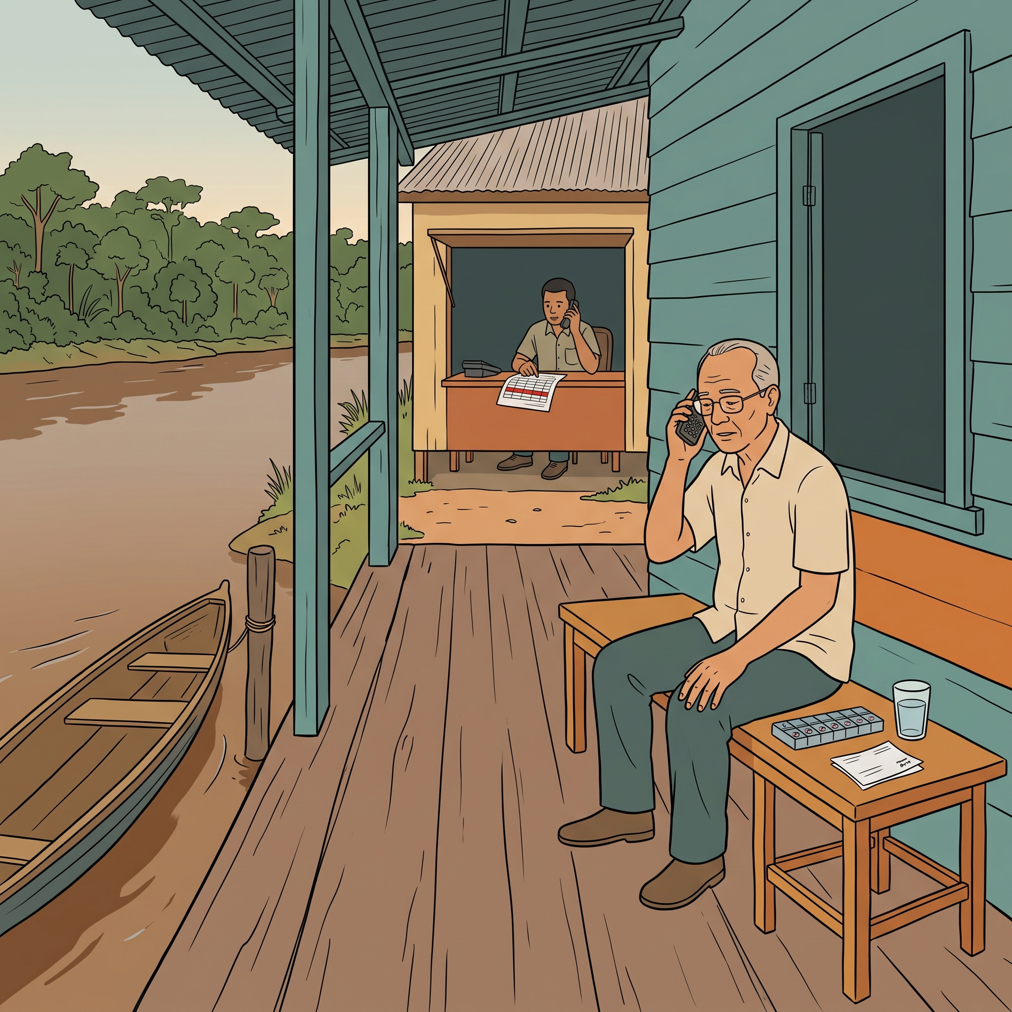 Ilustración: un hombre mayor habla por teléfono en el porche de una casa junto al río, con un pastillero a su lado, mientras al otro lado de una ventana un hombre lo llama con una hoja de datos en la mano.