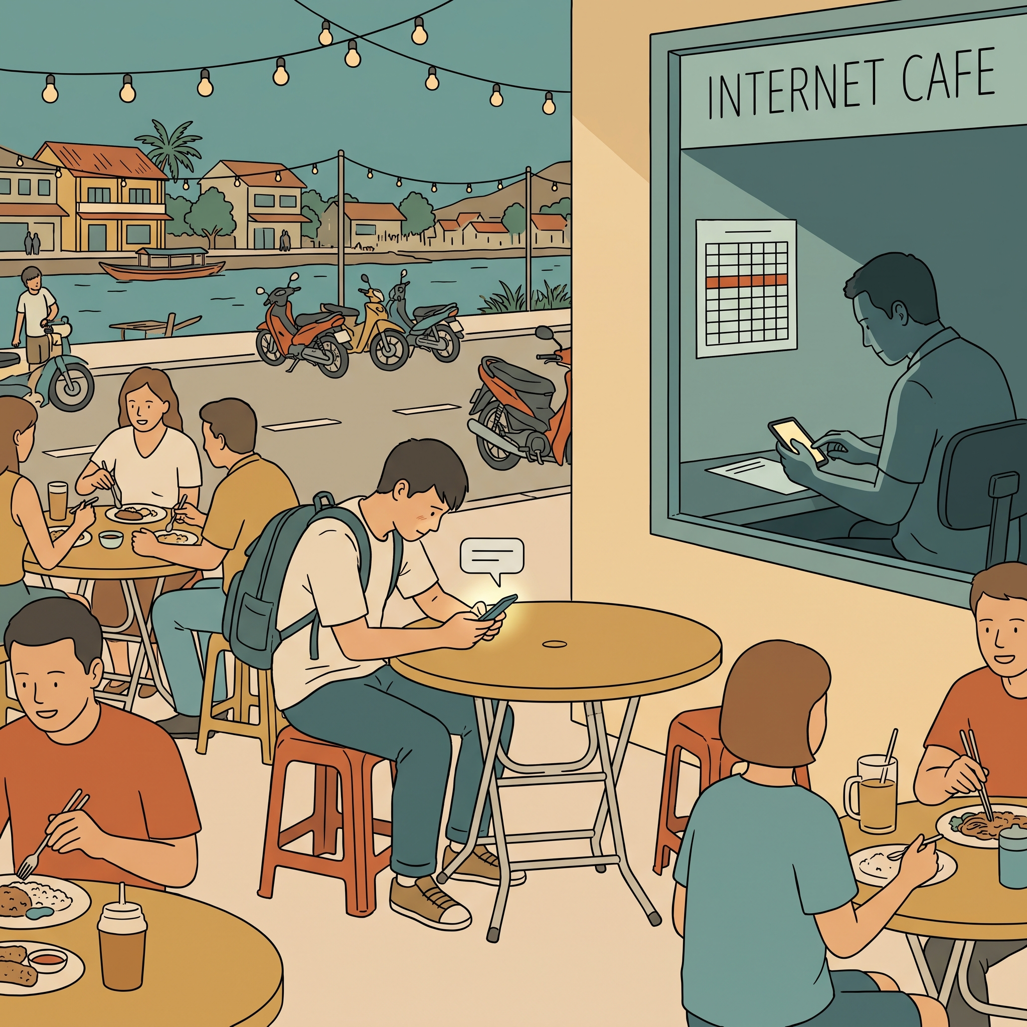 Ilustración: un joven sentado solo en un puesto de comida mira un mensaje en su celular, mientras al otro lado de la calle un hombre escribe desde una ventana con una hoja de datos a su lado.