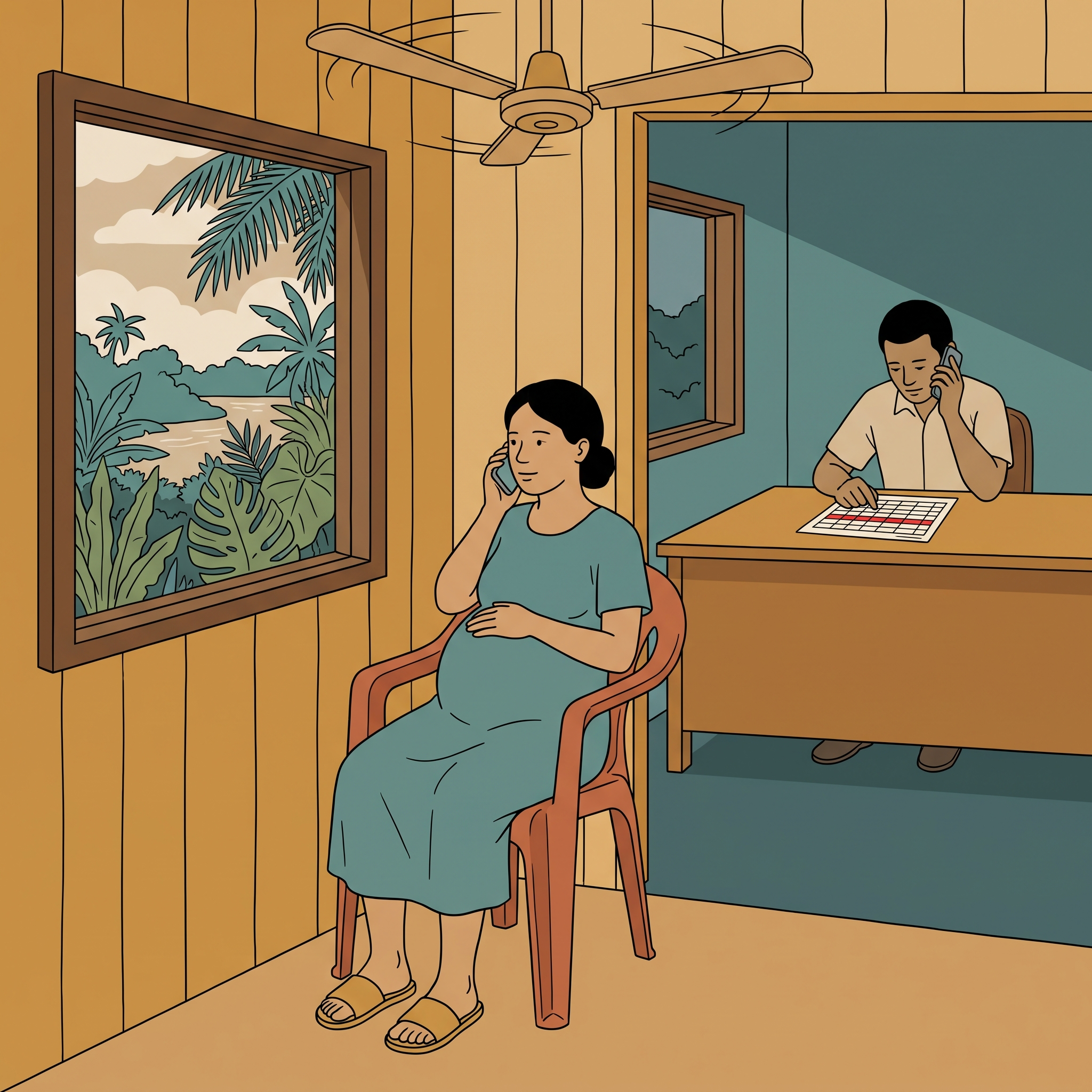 Ilustración: una mujer embarazada habla por teléfono en la sala de espera de un puesto de salud, mientras al otro lado de una ventana un hombre la llama con una hoja de datos en la mano.